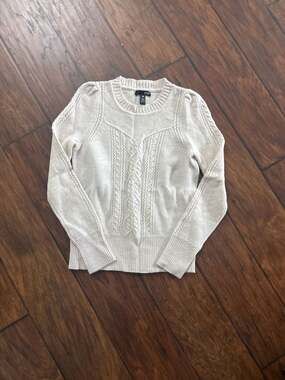 Aqua Cashmere Cream 100% Cashmere Cable Knit Puff Sleeve Sweater XS